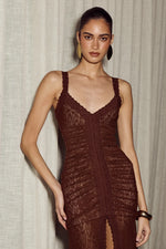 Load image into Gallery viewer, Silene Front Split Lace Maxi Dress - Chocolate
