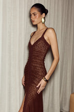 Load image into Gallery viewer, Silene Front Split Lace Maxi Dress - Chocolate
