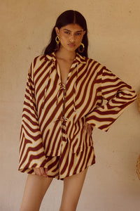 Montie Tie Front Sleeved Shirt - Montie Choc