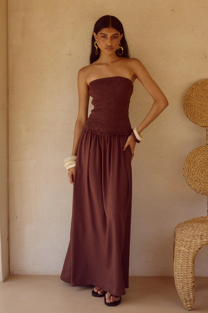 Fleur Shirred Strapless Maxi Dress - Chocolate