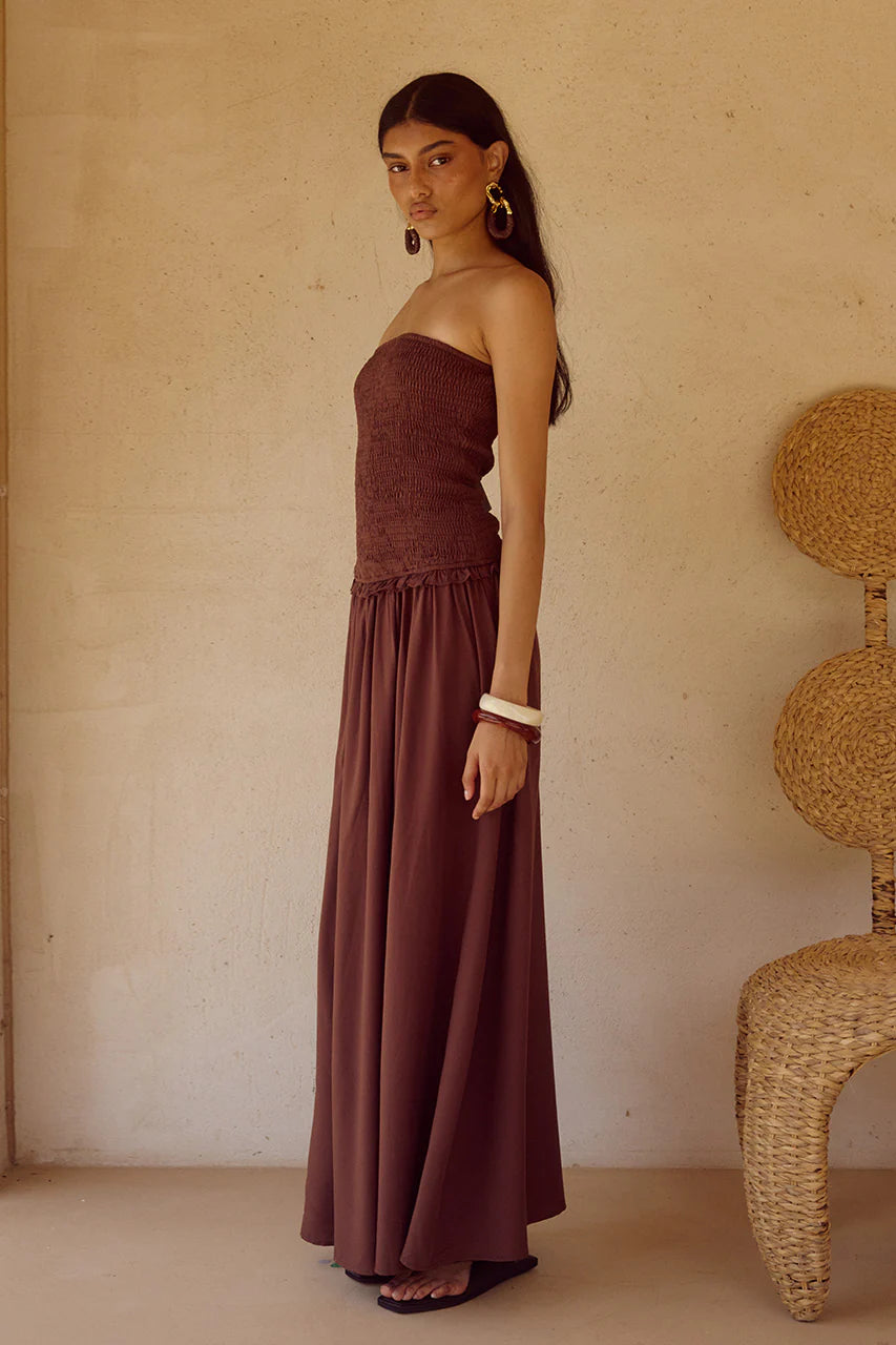 Fleur Shirred Strapless Maxi Dress - Chocolate
