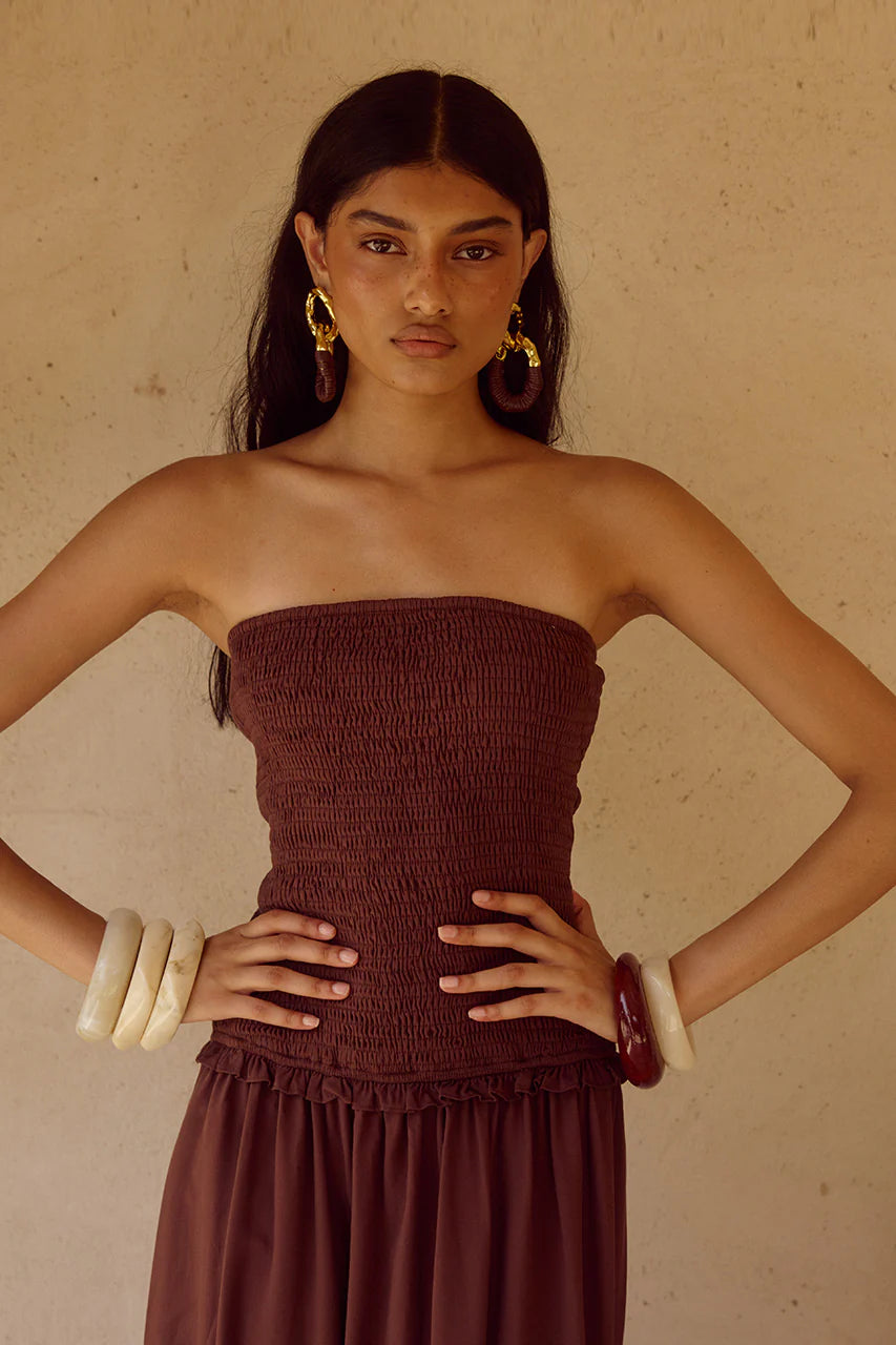 Fleur Shirred Strapless Maxi Dress - Chocolate