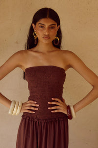 Fleur Shirred Strapless Maxi Dress - Chocolate
