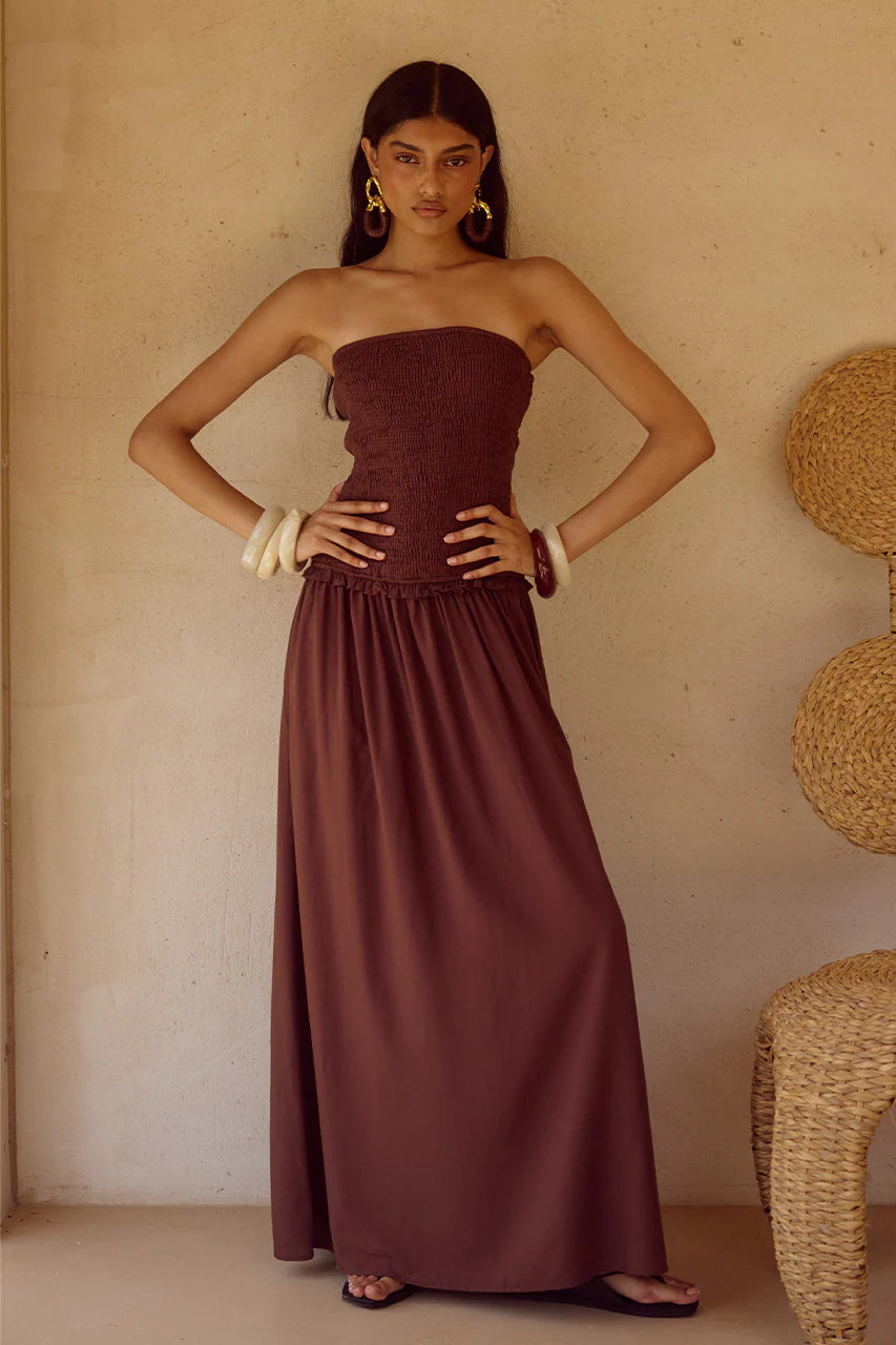 Fleur Shirred Strapless Maxi Dress - Chocolate