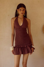 Load image into Gallery viewer, Fleur Shirred Halter Mini Dress - Chocolate
