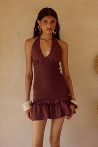 Fleur Shirred Halter Mini Dress - Chocolate