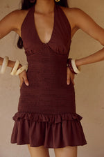 Load image into Gallery viewer, Fleur Shirred Halter Mini Dress - Chocolate
