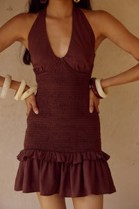Fleur Shirred Halter Mini Dress - Chocolate