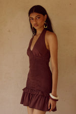 Load image into Gallery viewer, Fleur Shirred Halter Mini Dress - Chocolate
