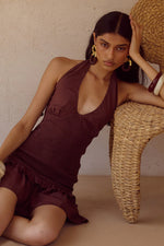 Load image into Gallery viewer, Fleur Shirred Halter Mini Dress - Chocolate
