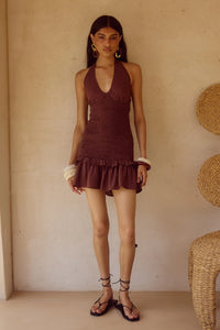 Fleur Shirred Halter Mini Dress - Chocolate