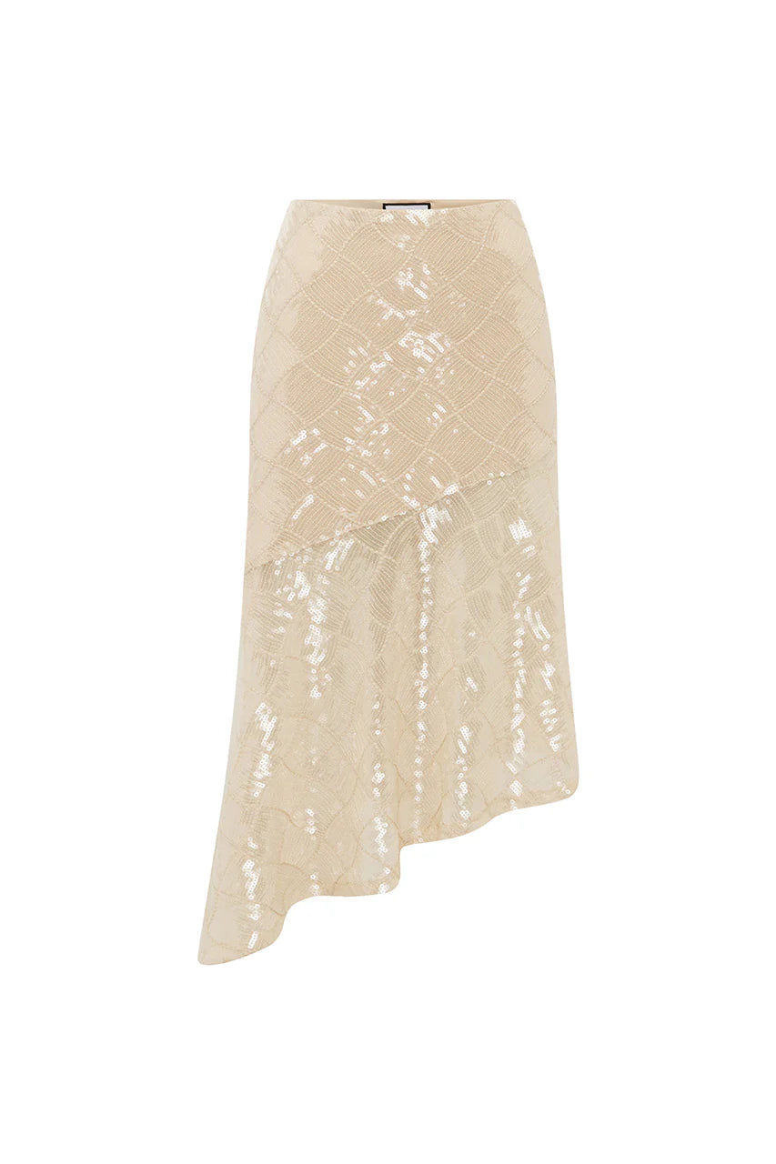 Eris Sequin Flounce Midi Skirt - Sand