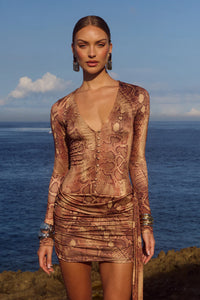 Rue Sleeved Mini Dress - Tan Viper