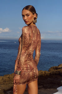 Rue Sleeved Mini Dress - Tan Viper