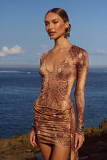 Load image into Gallery viewer, Rue Sleeved Mini Dress - Tan Viper
