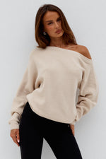 Load image into Gallery viewer, Dione Off Shoulder Knit Sweater - Biscuit
