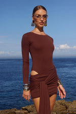 Load image into Gallery viewer, Evelyn Sleeved Cut-Out Mini Dress - Bitter Chocolate

