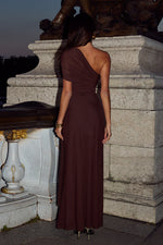 Load image into Gallery viewer, Kassi One Shoulder Midi Dress - Bitter Chocolate
