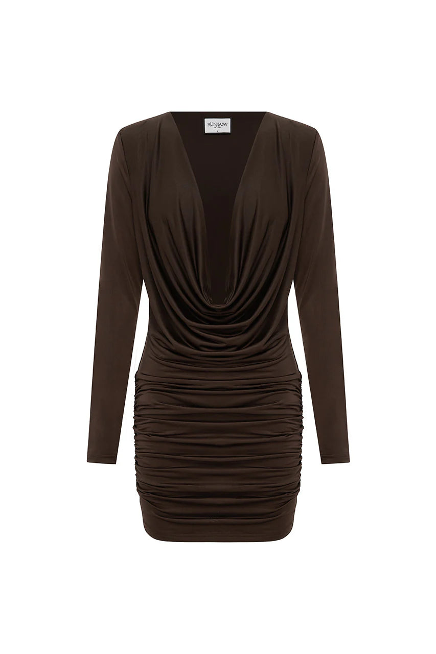Tate Sleeved Cowl Mini Dress - Bitter Chocolate