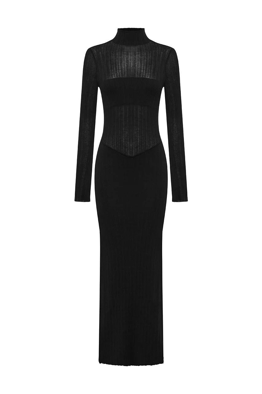 Martina Sleeved Knit Maxi Dress - Black