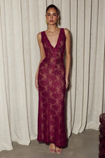 Load image into Gallery viewer, Maura Back Cutout Lace Maxi Dress - Wine
