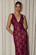 Load image into Gallery viewer, Maura Back Cutout Lace Maxi Dress - Wine

