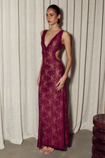 Load image into Gallery viewer, Maura Back Cutout Lace Maxi Dress - Wine
