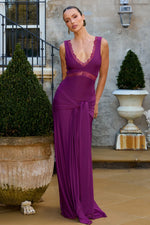 Load image into Gallery viewer, Sophia V-Neck Lace Trim Maxi Dress - Plum
