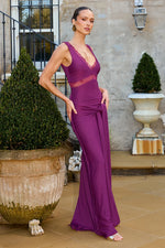 Load image into Gallery viewer, Sophia V-Neck Lace Trim Maxi Dress - Plum
