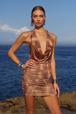 Load image into Gallery viewer, Lotus Halter Cowl Mini Dress - Mendez Brown
