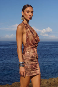 Lotus Halter Cowl Mini Dress - Mendez Brown