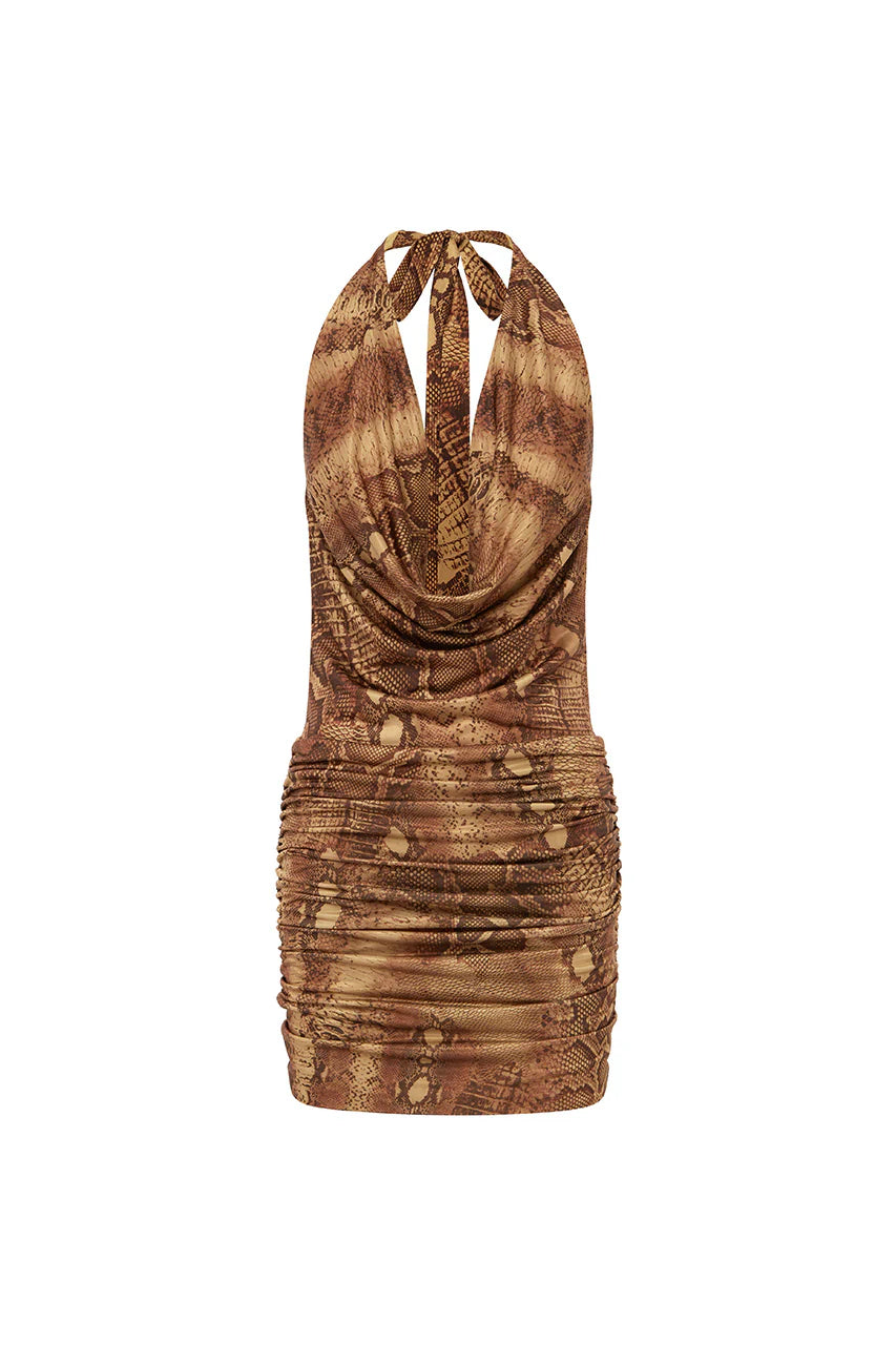 Lotus Halter Cowl Mini Dress - Mendez Brown