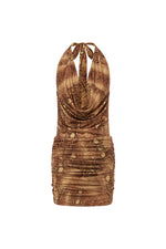 Load image into Gallery viewer, Lotus Halter Cowl Mini Dress - Mendez Brown
