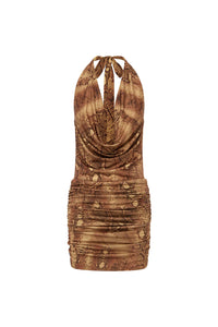 Lotus Halter Cowl Mini Dress - Mendez Brown