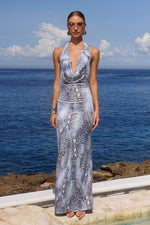 Load image into Gallery viewer, Lotus Halter Cowl Maxi Dress - Steel Viper
