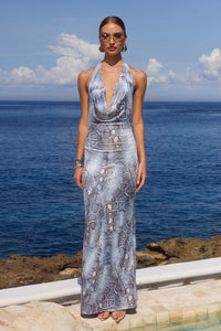 Lotus Halter Cowl Maxi Dress - Steel Viper