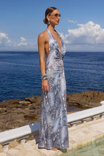 Load image into Gallery viewer, Lotus Halter Cowl Maxi Dress - Steel Viper
