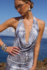 Load image into Gallery viewer, Lotus Halter Cowl Maxi Dress - Steel Viper
