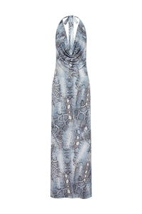 Lotus Halter Cowl Maxi Dress - Steel Viper