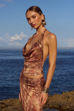 Load image into Gallery viewer, Lotus Cowl Halter Top - Tan Viper
