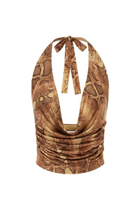 Lotus Cowl Halter Top - Tan Viper