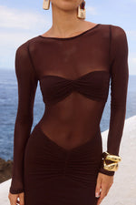 Load image into Gallery viewer, Romy Sleeved Ruched Maxi Dress - Bitter Chocolate
