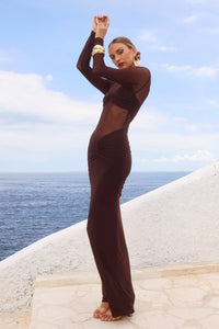 Romy Sleeved Ruched Maxi Dress - Bitter Chocolate