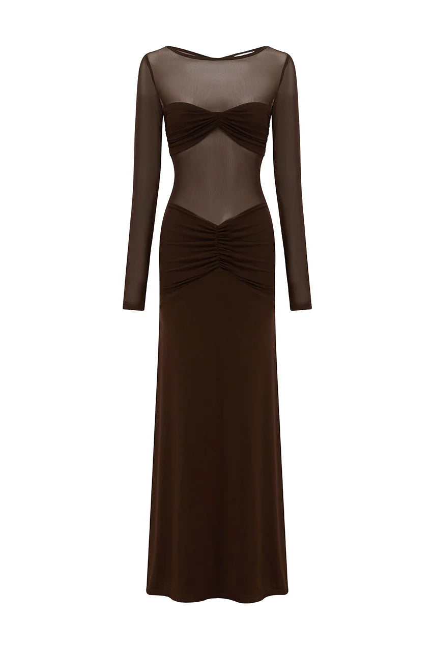 Romy Sleeved Ruched Maxi Dress - Bitter Chocolate