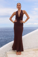 Load image into Gallery viewer, Lotus Halter Cowl Maxi Dress - Bitter Chocolate
