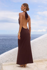 Load image into Gallery viewer, Lotus Halter Cowl Maxi Dress - Bitter Chocolate
