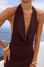 Load image into Gallery viewer, Lotus Halter Cowl Maxi Dress - Bitter Chocolate
