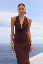 Load image into Gallery viewer, Lotus Halter Cowl Maxi Dress - Bitter Chocolate
