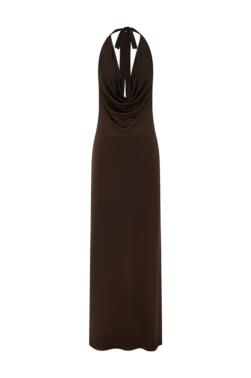 Lotus Halter Cowl Maxi Dress - Bitter Chocolate