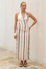 Load image into Gallery viewer, Alva Halter Faux Wrap Maxi Dress - Sand/Chocolate Stripe
